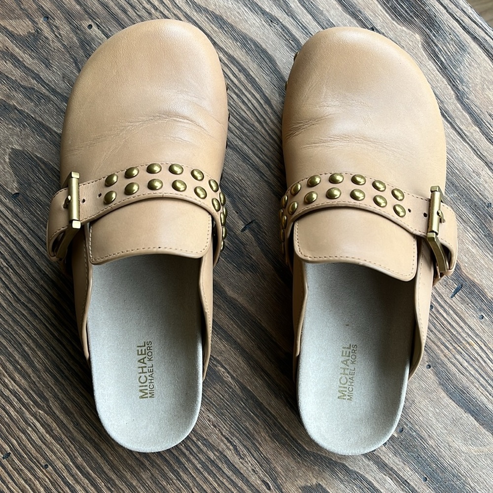 Michael Michael Kors Robin brass studded camel leather clog size 8